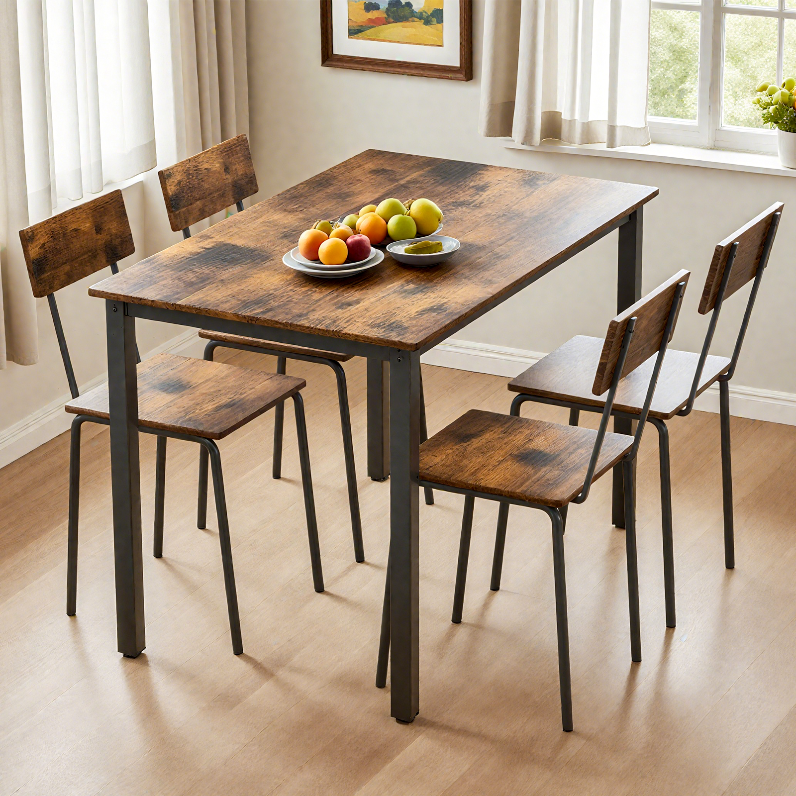 5 Piece Metal and Wood Indoor Modern Dinning Table Furniture Set for 4, Dining Table Chairs