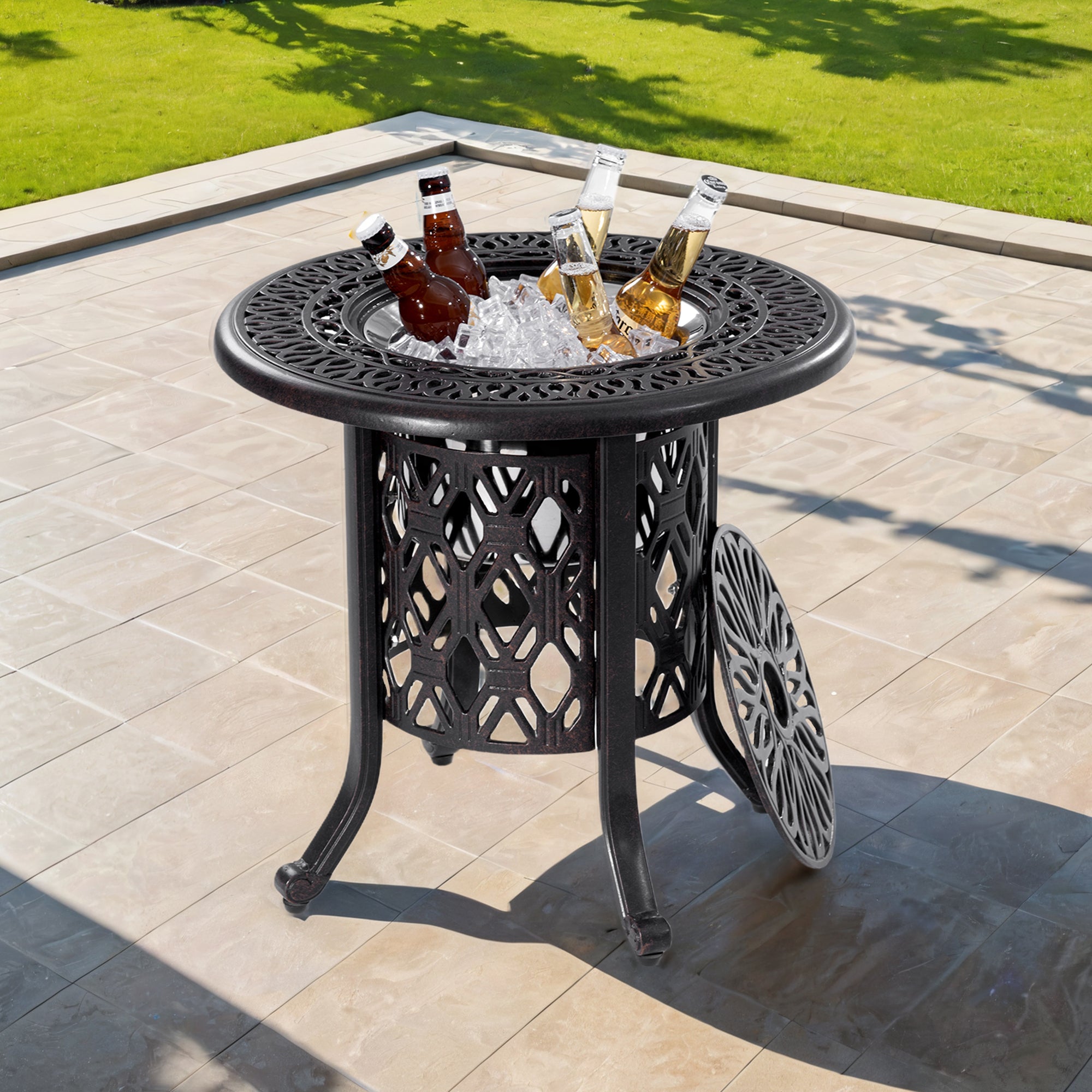 21' Side Table With Removable Ice Bucket- Rustproof Cast Aluminum Frame, Hand-Brushed Finish, Food-Grade 304 Stainless Steel Bucket - Perfect for Indoor & Outdoor, Patio, Balcony, and Poolside