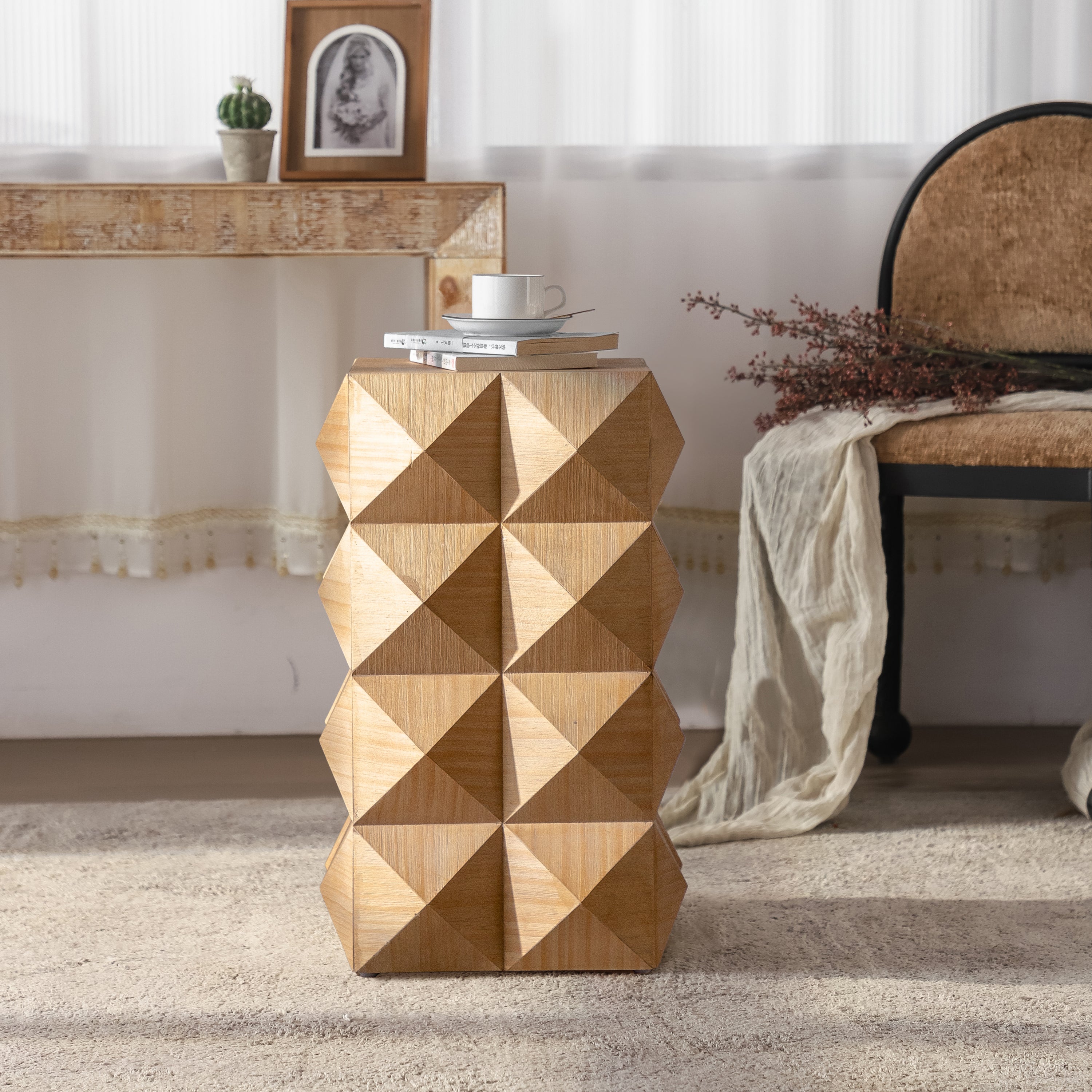 23.62'Height Three-dimensional Embossed Pattern Design Retro Side Table,Retro Wooden Nightstand
