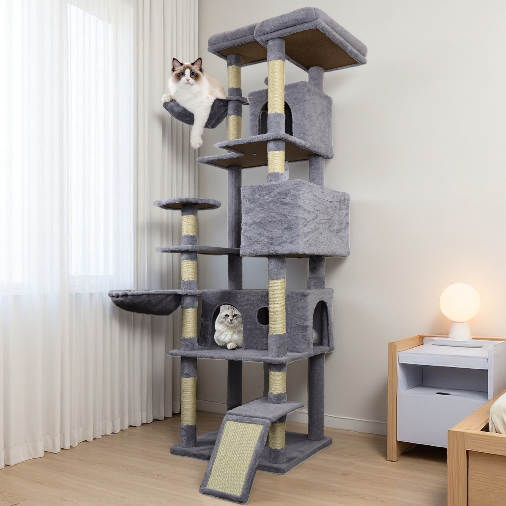 84.6 inch Dark Gray Cat Tree Tower with Wide Base, 3 Large Hinding Condo, 11 Sisal Scratching Post, Sisal Scratching Ladder, 2 Hammocks, Large Top Platform, Many landing Perch and Interactive toy