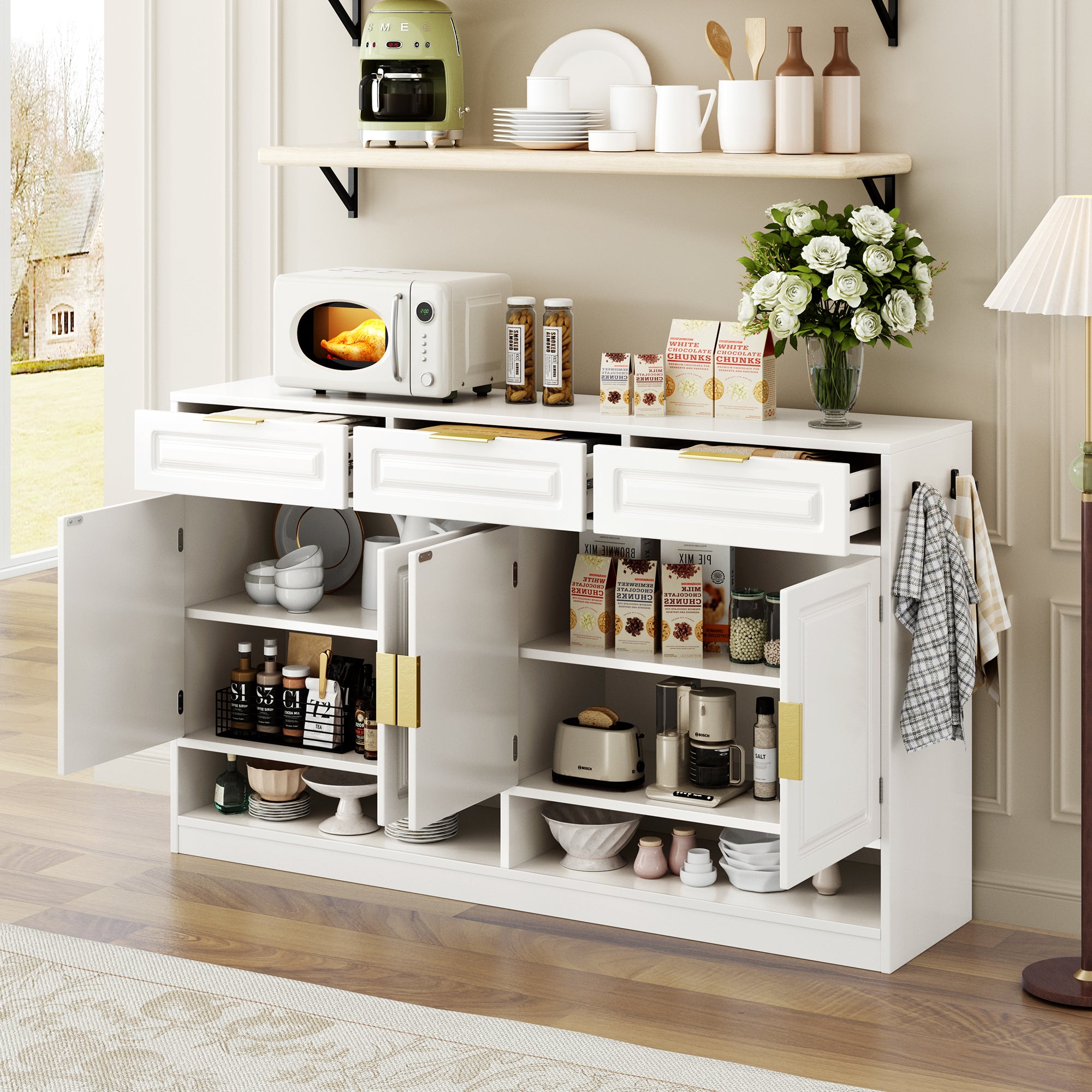 U-Style Farmhouse Sideboard with 3 Drawers & 4 Doors,59.1' Multi-Functional Storage Buffet with Adjustable Shelf and Open Storage Compartments, Suitable for Dining Room, Living Room, Entryway.
