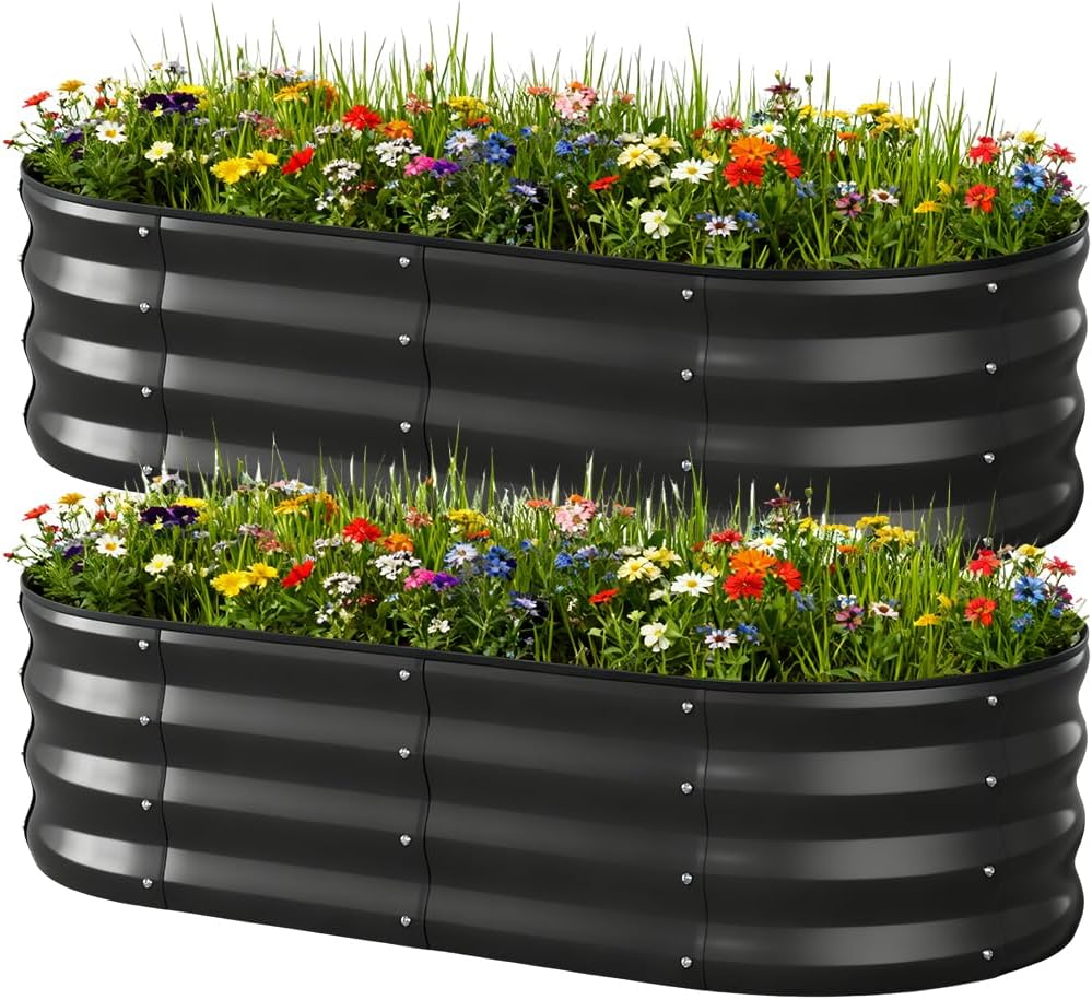 Two black metal raised garden beds filled with colorful flowers and green grass, showcasing durable construction and a corrugated design for garden and outdoor use.