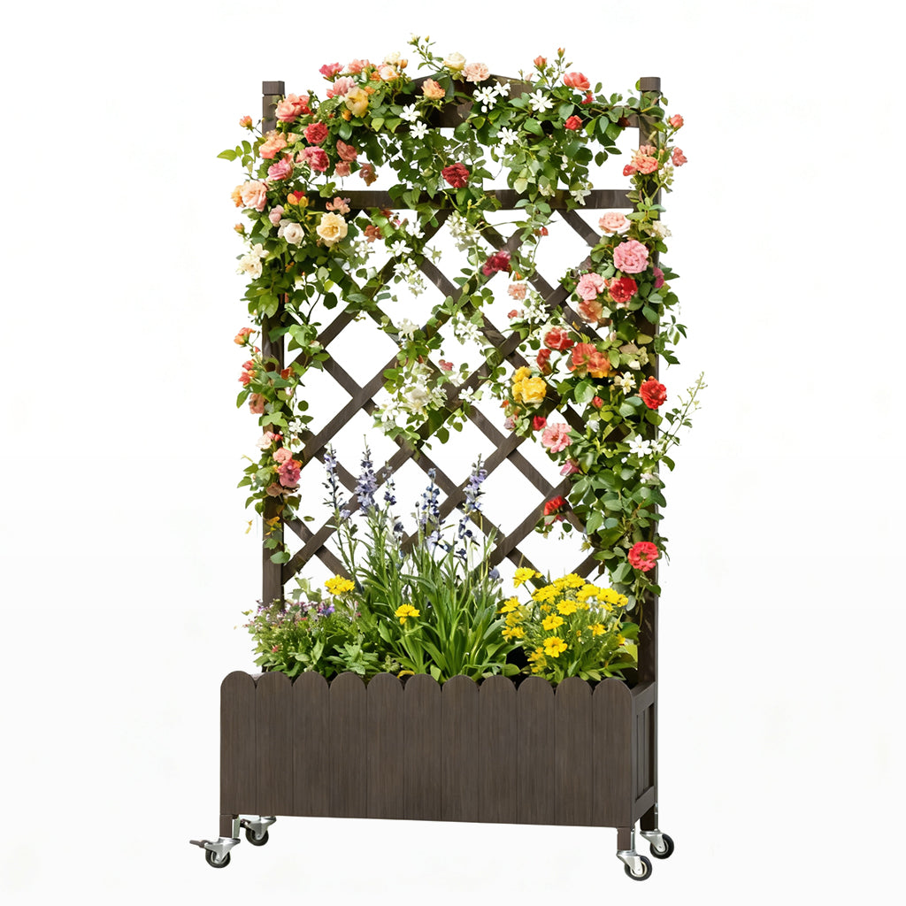 COMHOMA 2x1x4 FT Elevated Garden Bed with Trellis and Wheels for Climbing Plants, Wood, OT-GD01