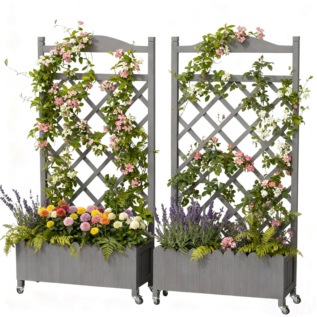 COMHOMA 2x1x4 FT Elevated Garden Bed with Trellis and Wheels for Climbing Plants, Wood, OT-GD01