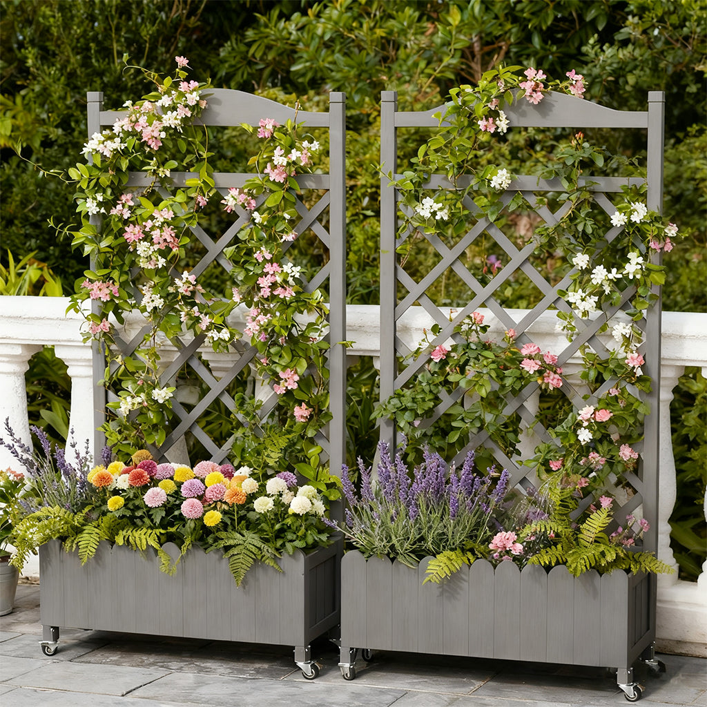 COMHOMA 2x1x4 FT Elevated Garden Bed with Trellis and Wheels for Climbing Plants, Wood, OT-GD01