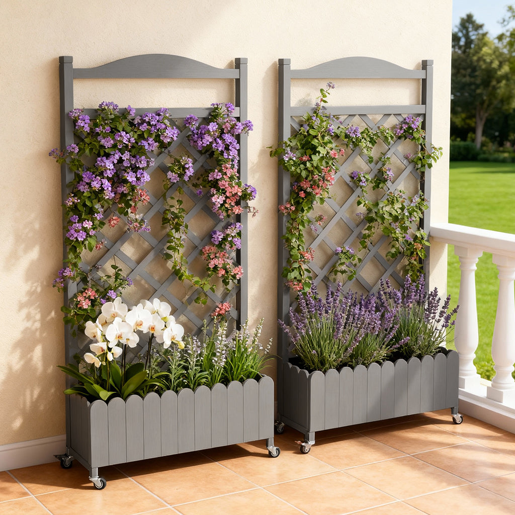 COMHOMA 2x1x4 FT Elevated Garden Bed with Trellis and Wheels for Climbing Plants, Wood, OT-GD01