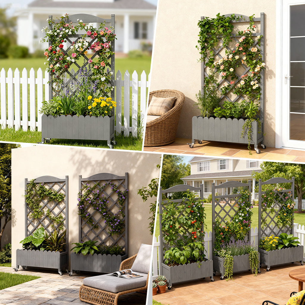 COMHOMA 2x1x4 FT Elevated Garden Bed with Trellis and Wheels for Climbing Plants, Wood, OT-GD01