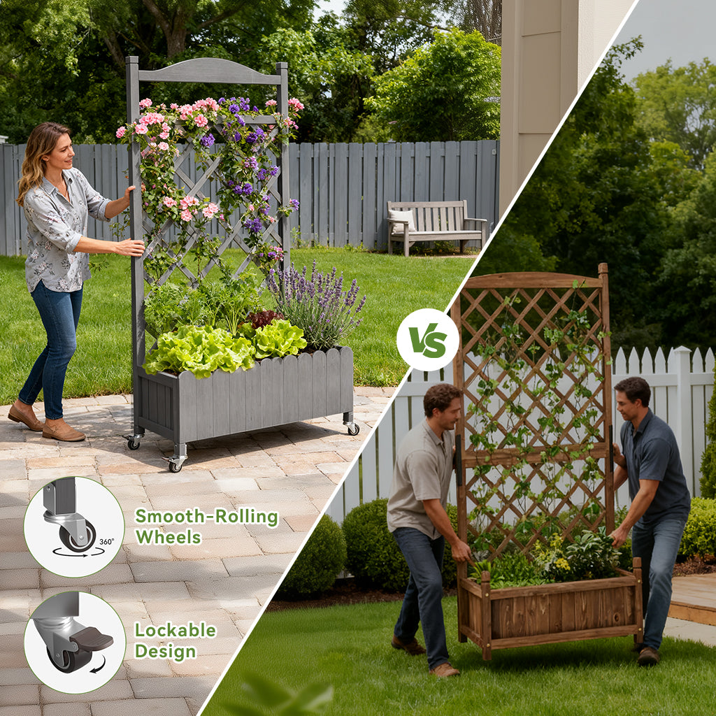 COMHOMA 2x1x4 FT Elevated Garden Bed with Trellis and Wheels for Climbing Plants, Wood, OT-GD01