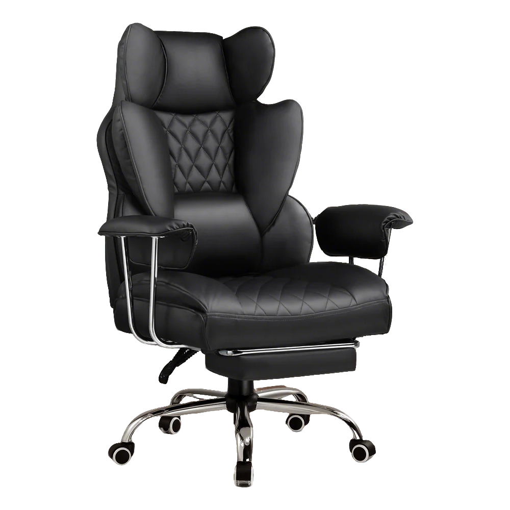 Black ergonomic office chair with quilted back cushion, adjustable armrests, and padded headrest, designed for big and tall support with a sturdy metal base and caster wheels.