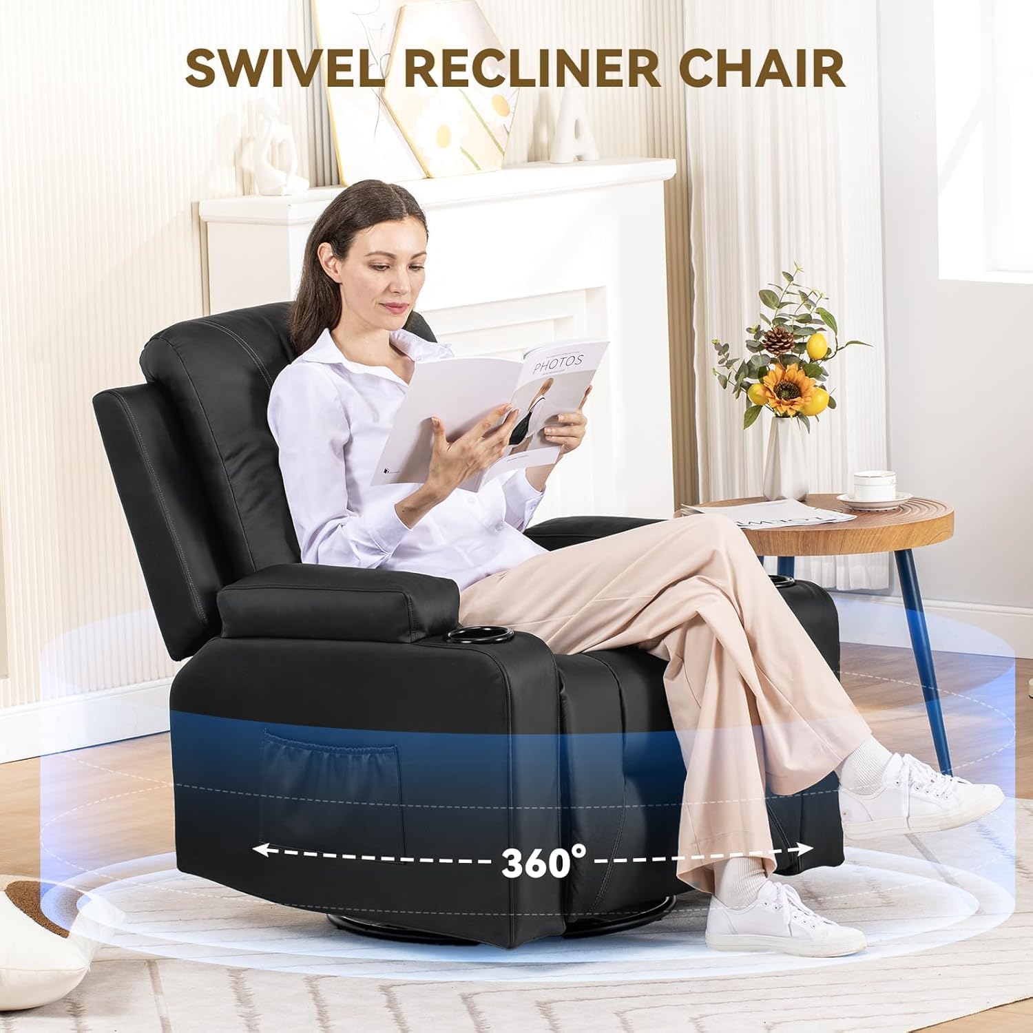 Black PU leather swivel recliner chair by COMHOMA with cup holders, shown with woman reading a magazine.