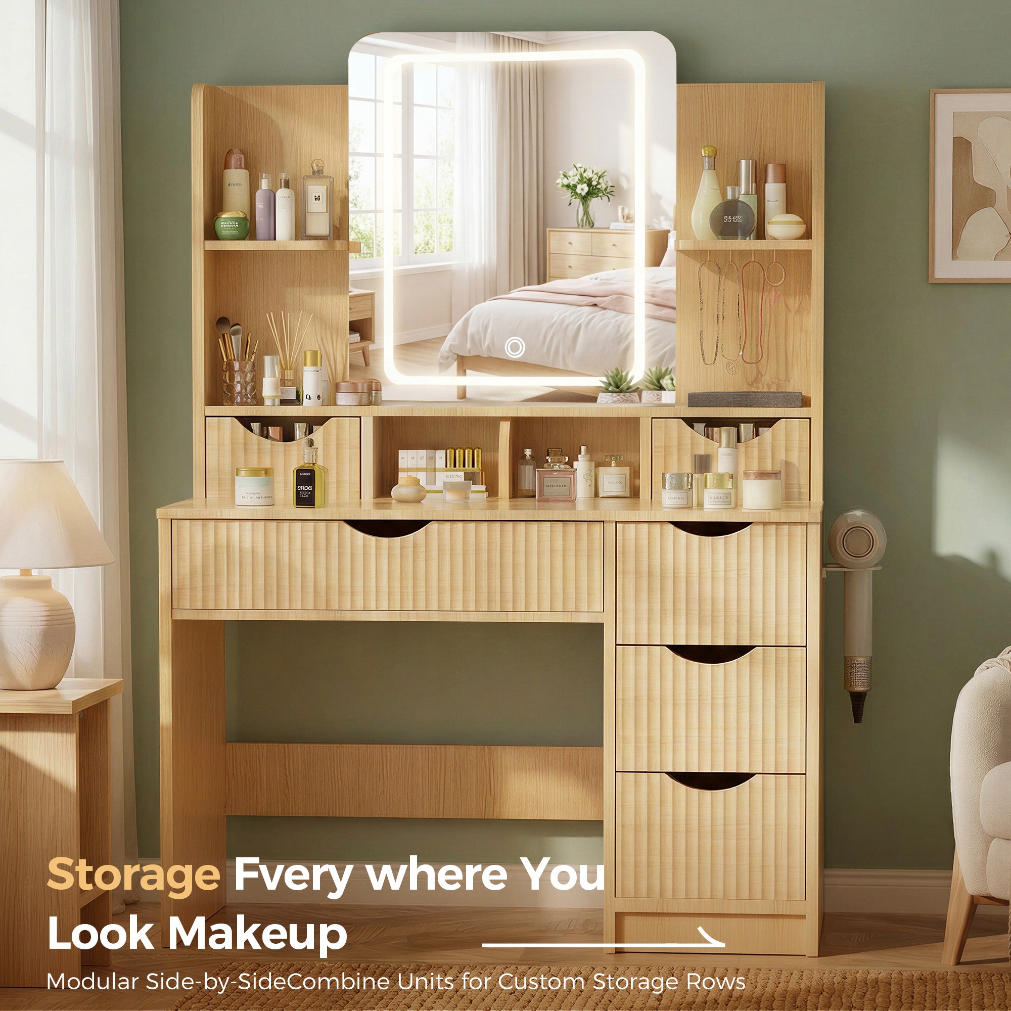 Modern Wooden Vanity Desk with Mirror and Lights B2004-LUCKLIFE