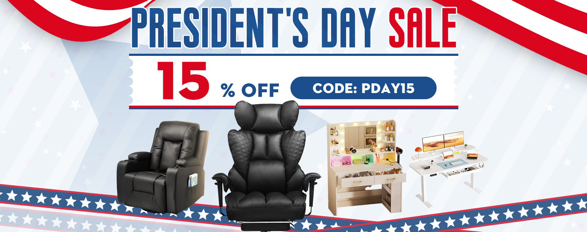 President's Day sale advertisement with furniture and a discount code PDAY15.