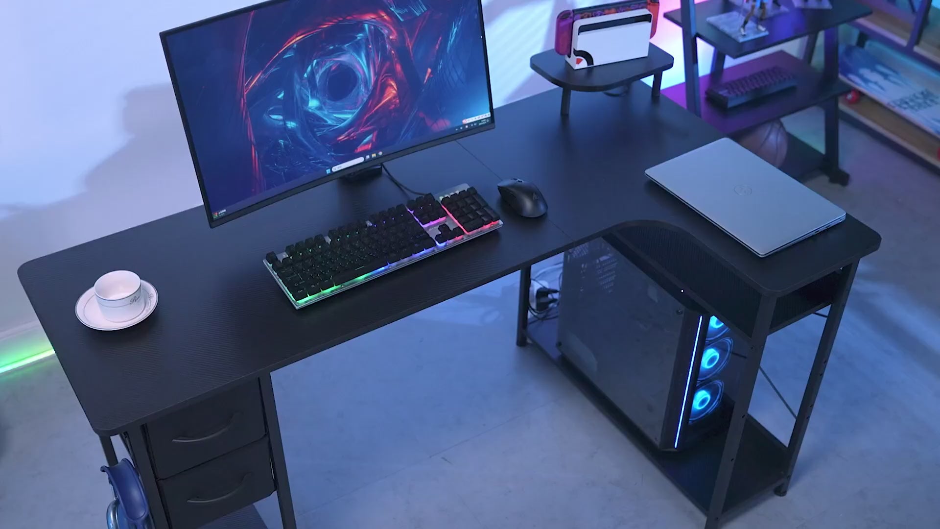 GTRACING Carbon Fiber L Shaped Computer Desk with Drawer & Shelf DL004