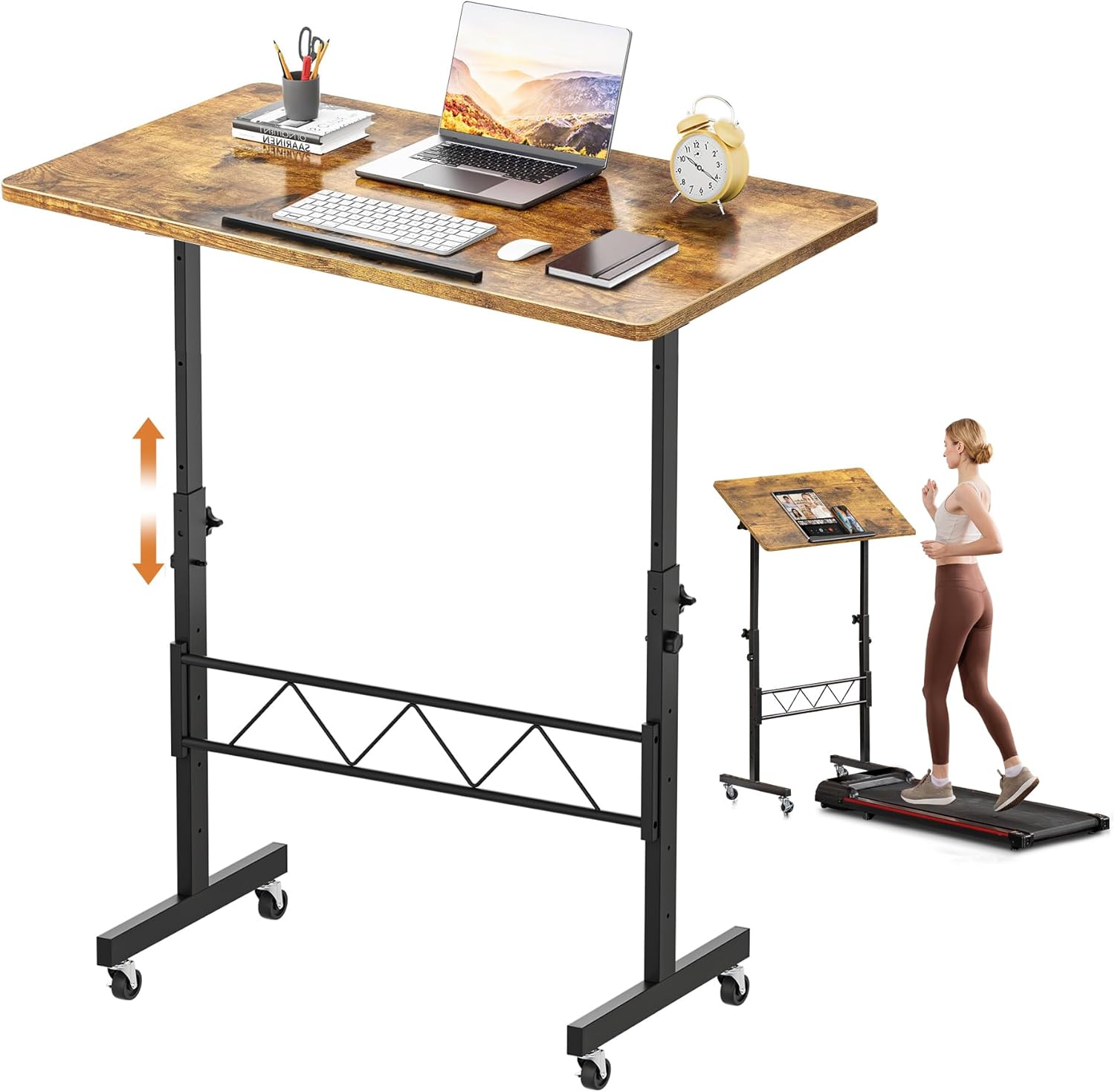 Adjustable standing desk with laptop, keyboard, and mouse on a white background