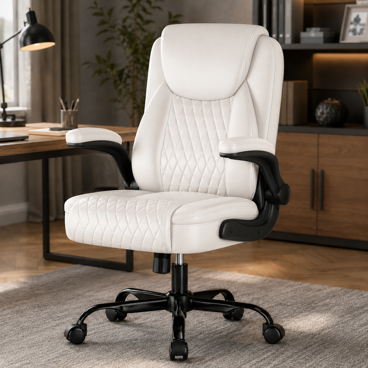 White ergonomic office chair with quilted upholstery and flip-up armrests, set in a modern home office environment with wooden desk and shelves in the "All Products" collection.