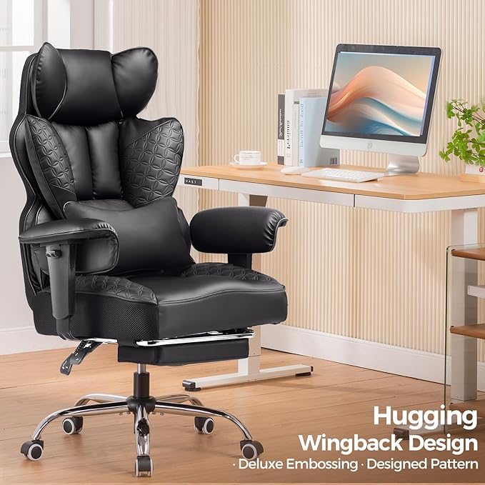 Black ergonomic office chair with hugging wingback design, deluxe embossing, designed pattern, adjustable armrests, and lumbar pillow next to a wooden desk with computer and plant.