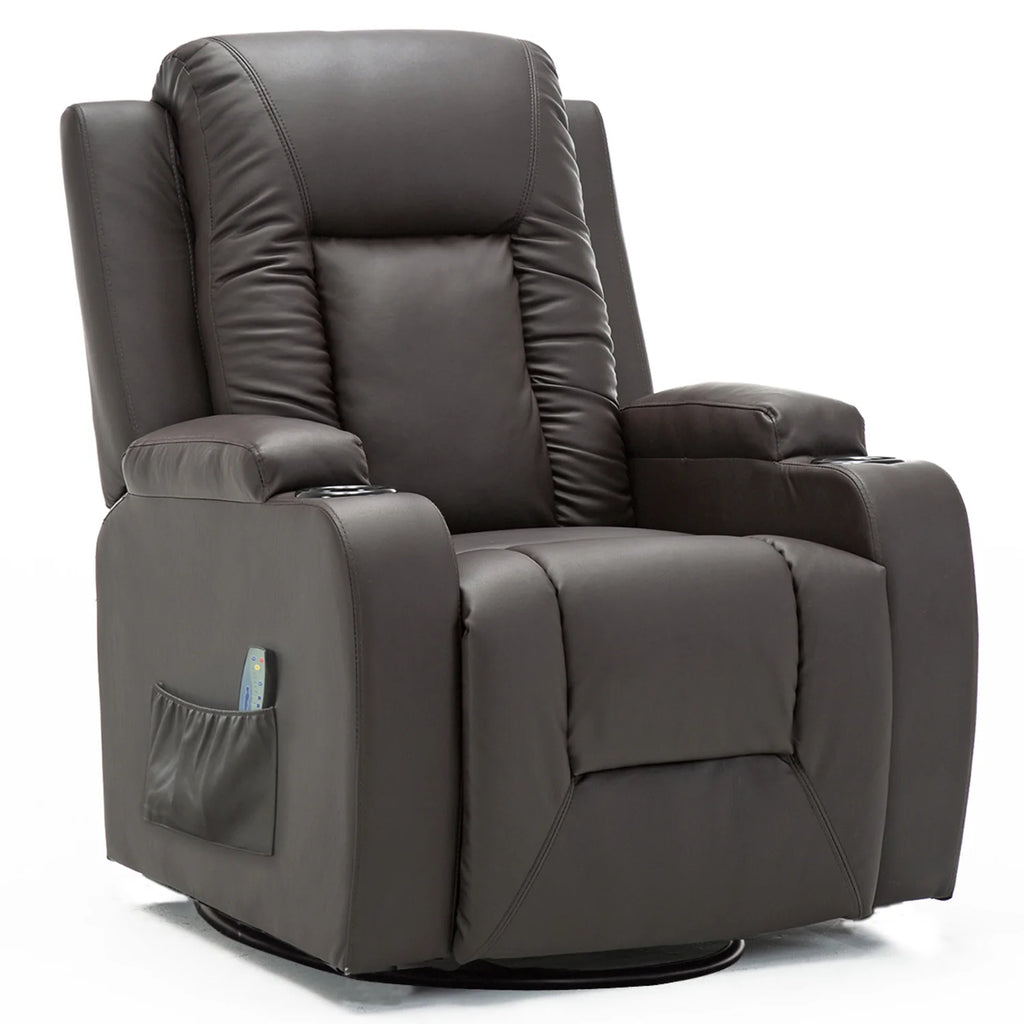 Comhoma Recliner Chair PU Leather Rocking Sofa with Heated Massage, Brown, Size: Single