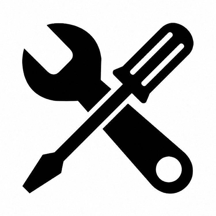 Black wrench and screwdriver crossed icon representing repair or maintenance service for ergonomic office chairs and home garden products.