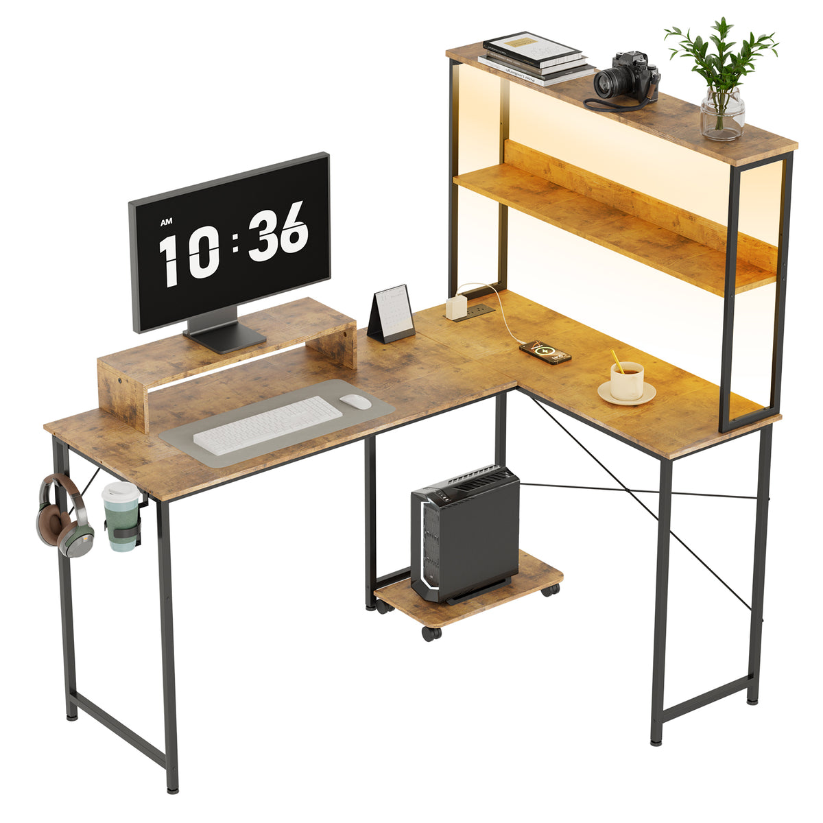 COMHOMA 53" Reversible L-Shaped Gaming Desk with LED Lights, Power Outlets Computer Desk with Hooks and Cup Holder, DL009