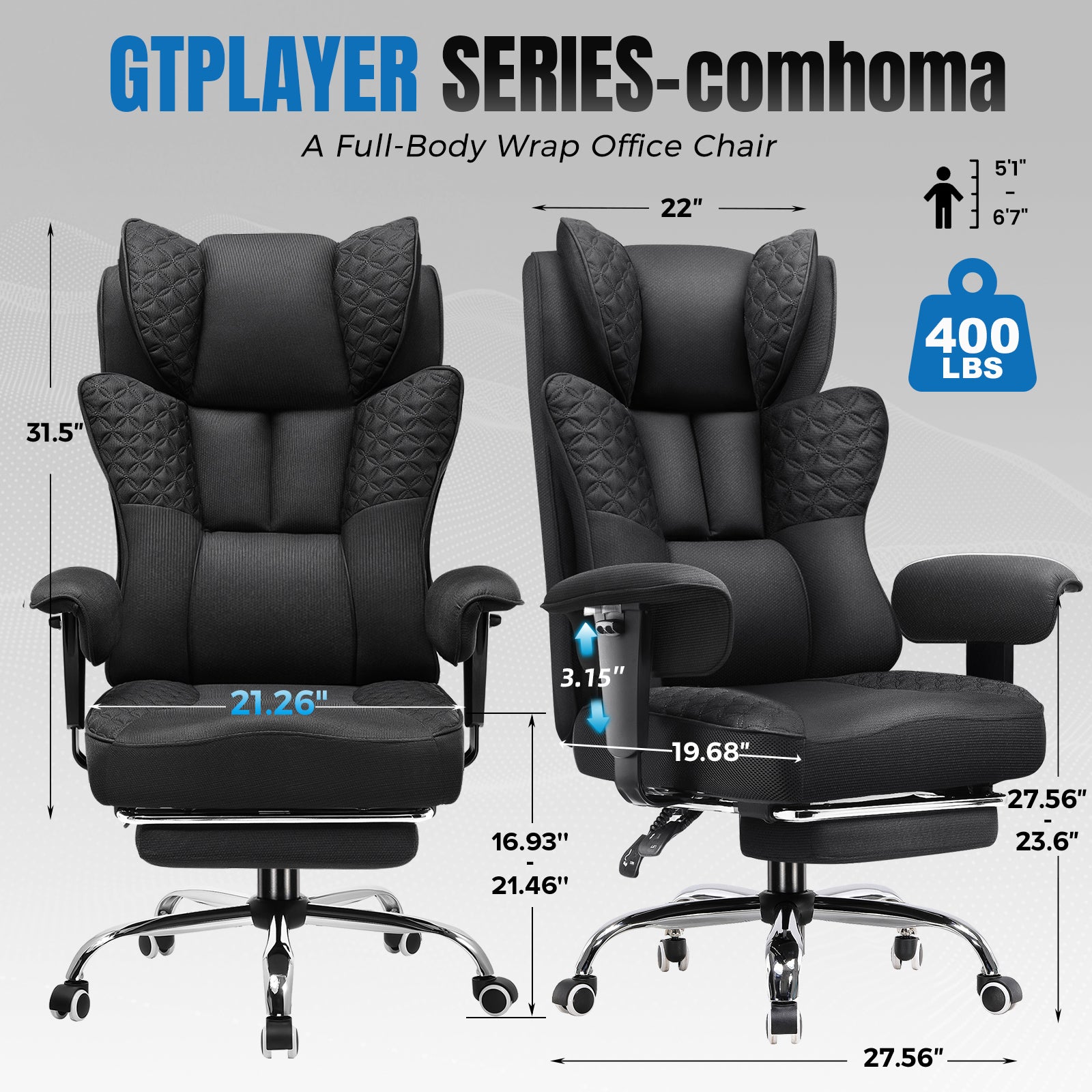 COMHOMA Big Headrest 400LBS Big and Tall Office Chair CH610