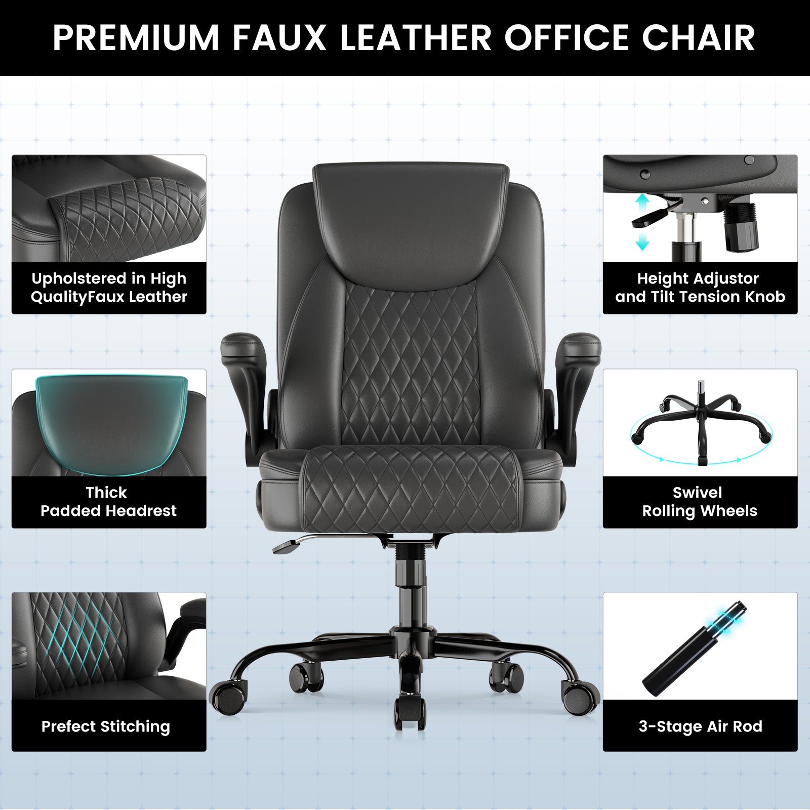 Cloudrest Pro Rocking Leather Office Chair with Back Support and Adjustable Armrests, for Short People Use CH228