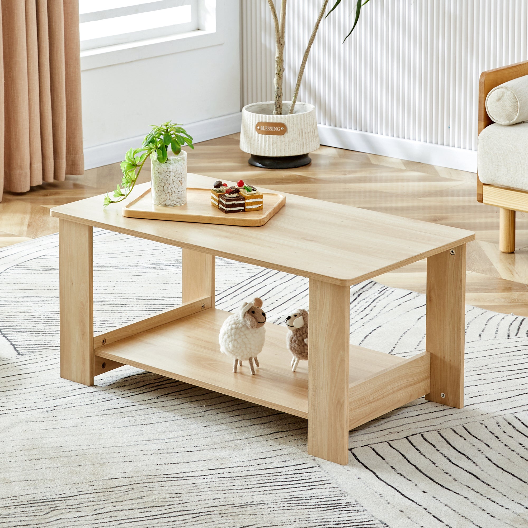 Modern minimalist log colored double layered rectangular coffee table, tea table.MDF material is more durable,Suitable for living room, bedroom, and study room.35.4'*19.6'*16.5' CT-16