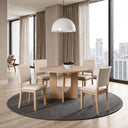 Contemporary Style 5pc Dining Set Kitchen Natural Color Round Table Pedestal Base Fabric Chairs Table 4x Side Chairs Dining Room