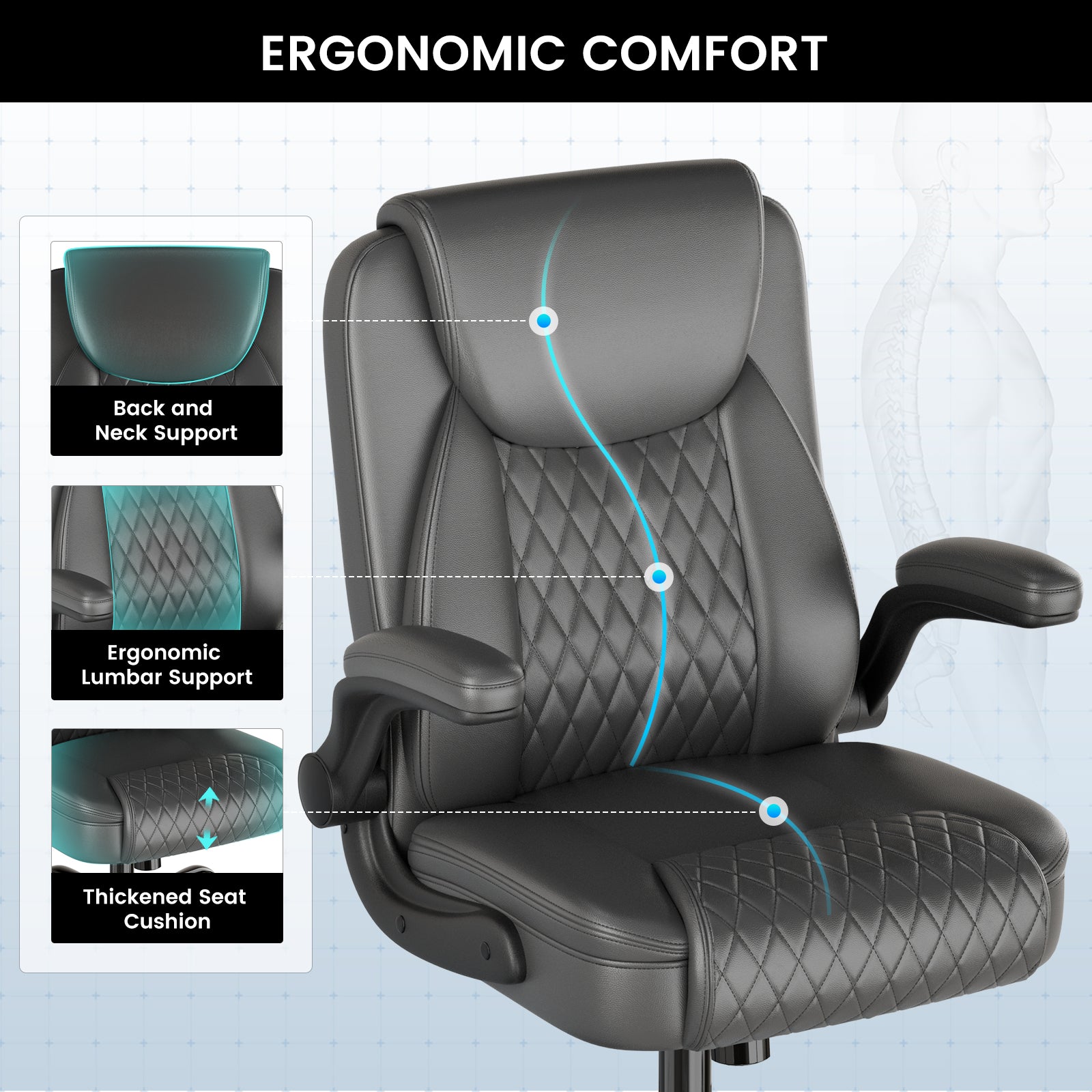 Cloudrest Pro Rocking Leather Office Chair with Back Support and Adjustable Armrests, for Short People Use CH228