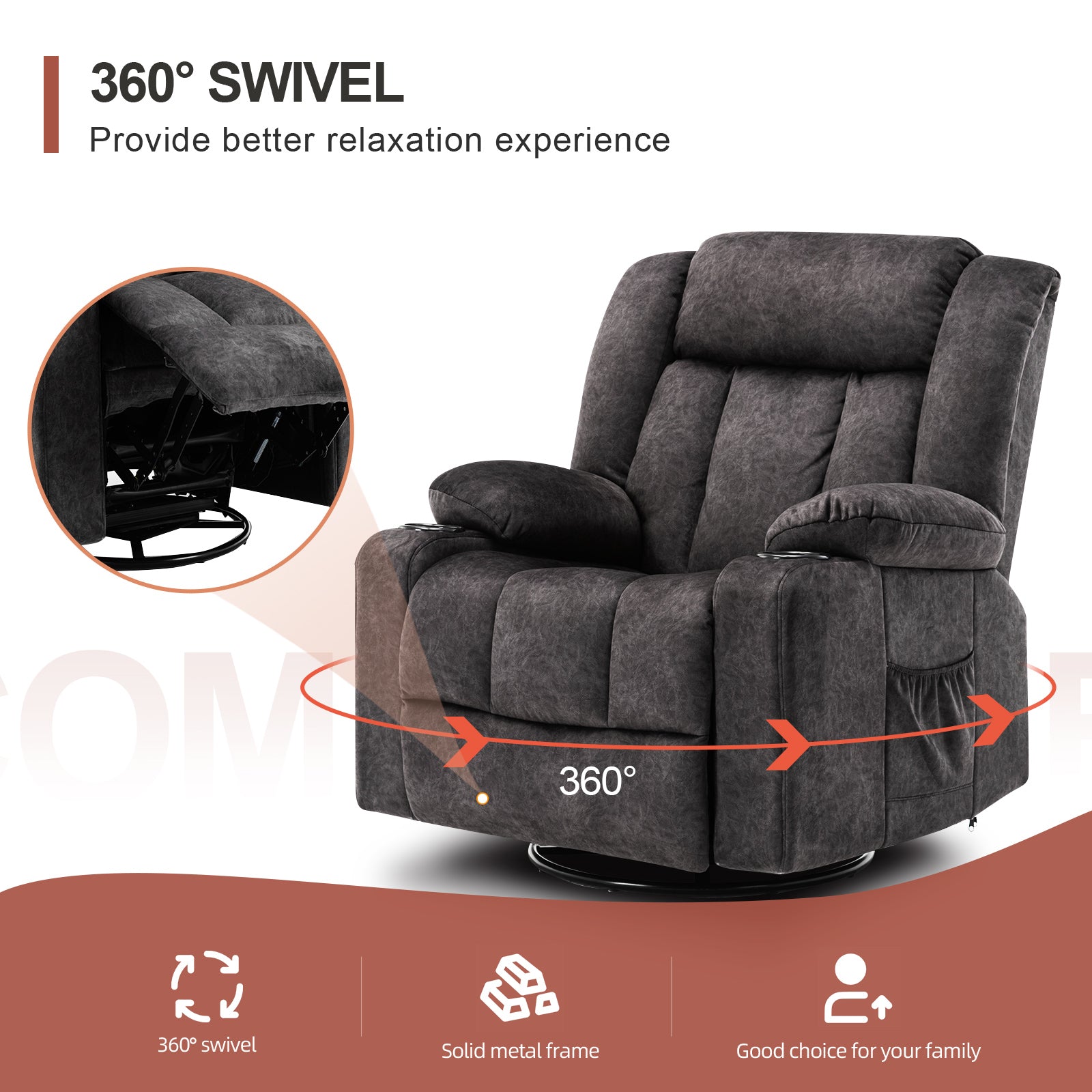 COMHOMA Recliner with Swivel, Massage & Heat H1148