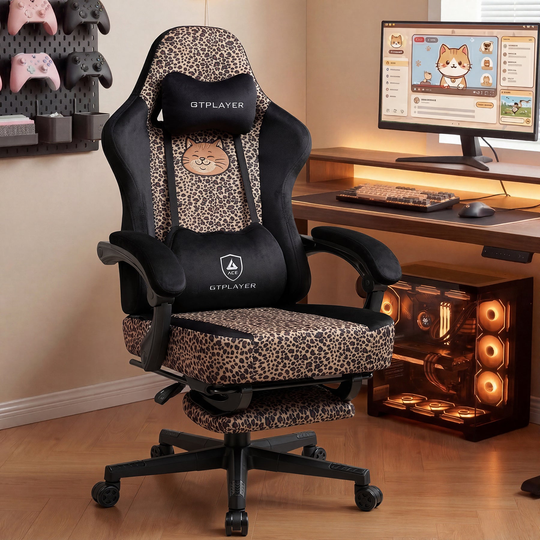 GTPLAYER Gaming Chair with Leopard Print Cat, Cute Velvet Fabric Ergonomic Office Chair with Footrest Headrest and Lumbar Support GTP710