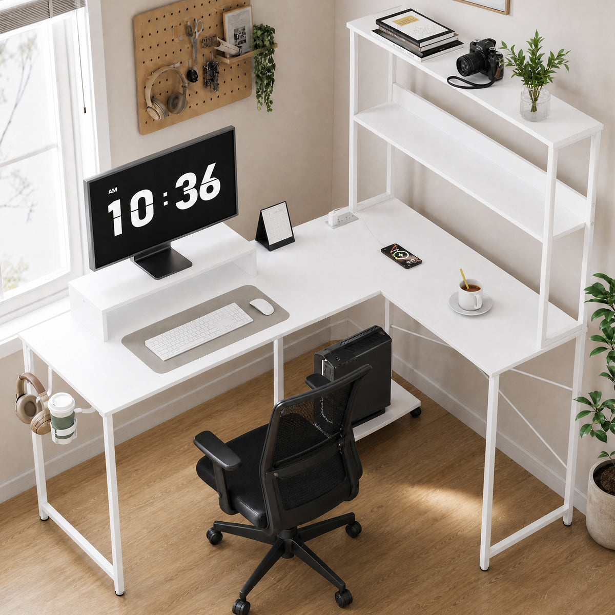COMHOMA 53" Reversible L-Shaped Gaming Desk with LED Lights, Power Outlets Computer Desk with Hooks and Cup Holder, DL009