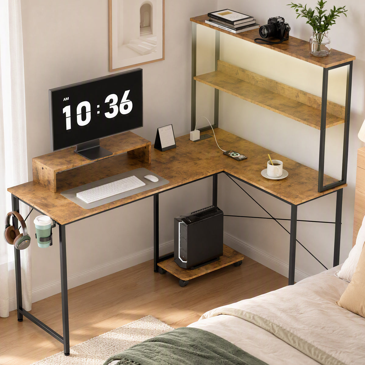 COMHOMA 53" Reversible L-Shaped Gaming Desk with LED Lights, Power Outlets Computer Desk with Hooks and Cup Holder, DL009