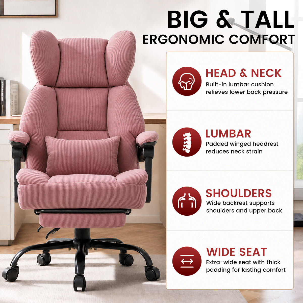 COMHOMA® Big and Tall Ergonomic Office Chair with Linkage Armrest & Wide Seat