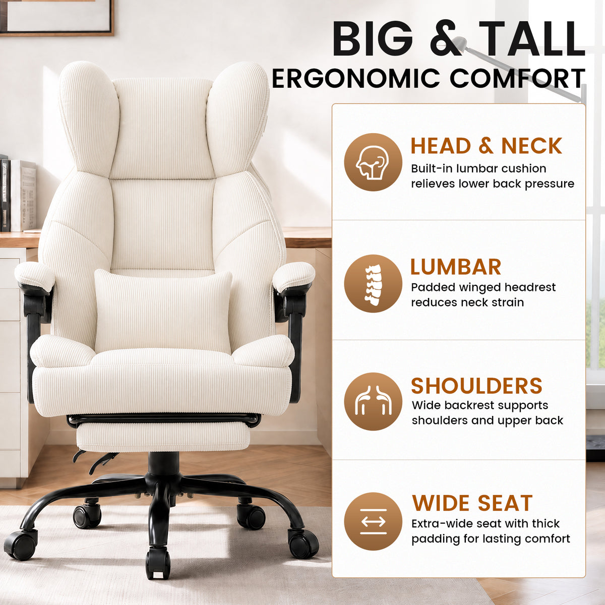 COMHOMA® Big and Tall Ergonomic Office Chair with Linkage Armrest & Wide Seat