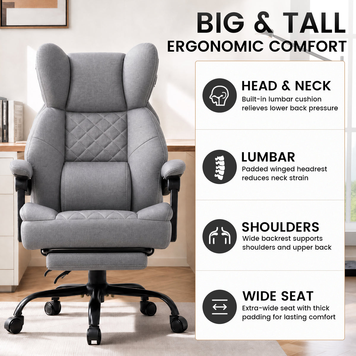 COMHOMA® Big and Tall Ergonomic Office Chair with Linkage Armrest & Wide Seat