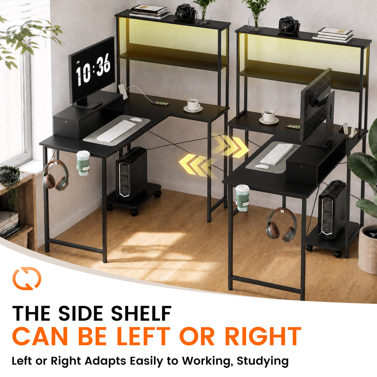COMHOMA 53" Reversible L-Shaped Gaming Desk with LED Lights, Power Outlets Computer Desk with Hooks and Cup Holder, DL009