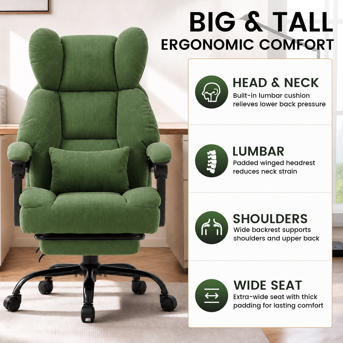 COMHOMA® Big and Tall Ergonomic Office Chair with Linkage Armrest & Wide Seat