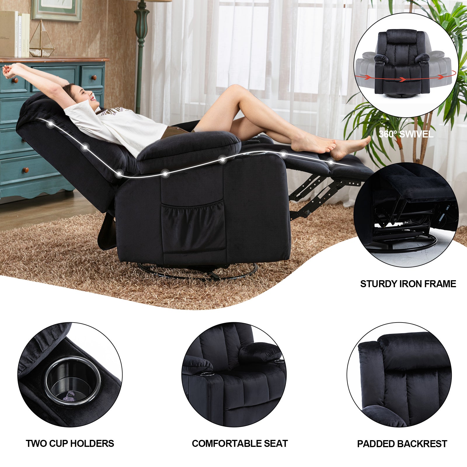 COMHOMA Recliner with Swivel, Massage & Heat H1148