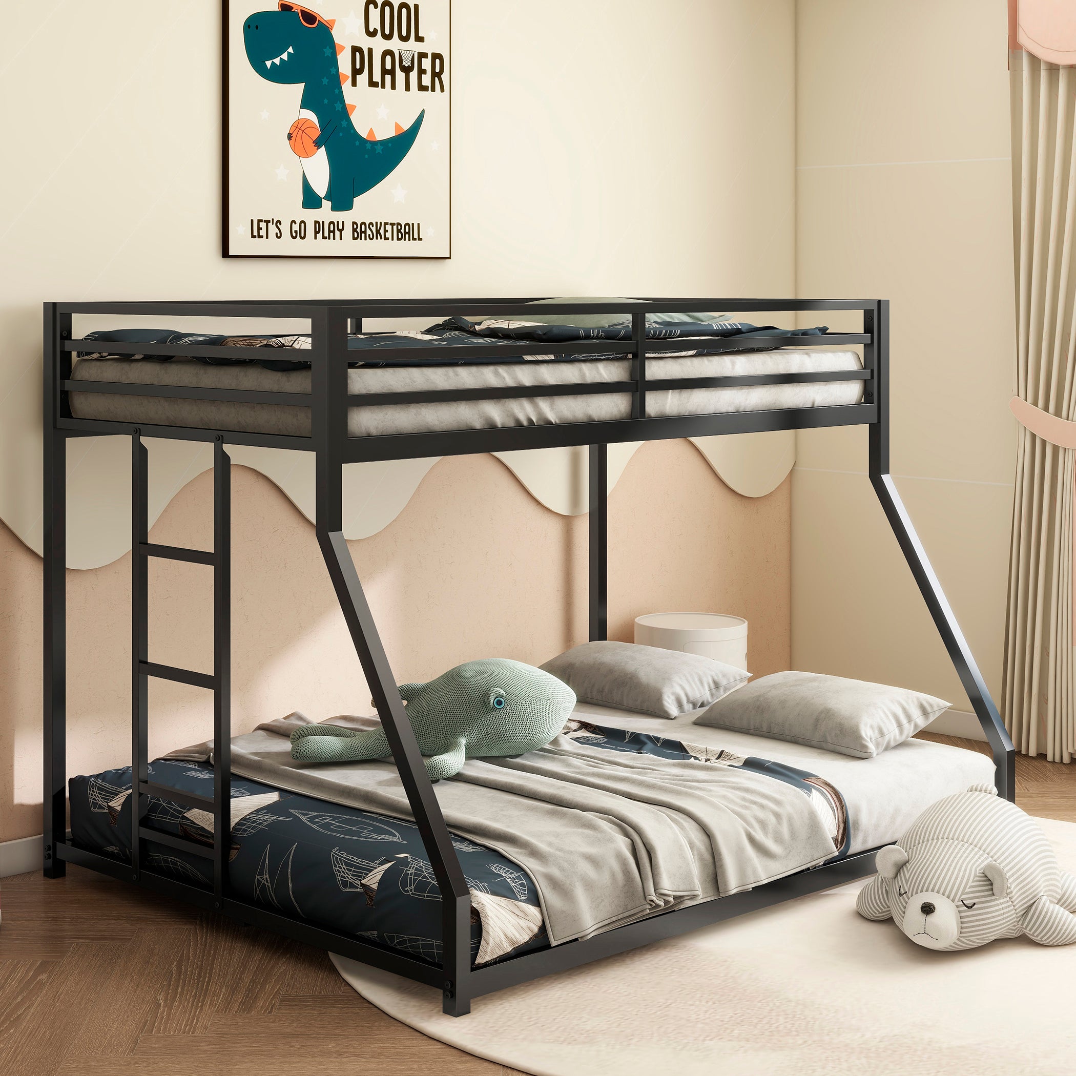 Adam Sturdy Twin over Full Bunk Bed Metal Black for Kids and Adult, Low Profile Twin over Full Bunk Bed with Ladder and Guardrails, Easy Climbing, Beds for Bedroom