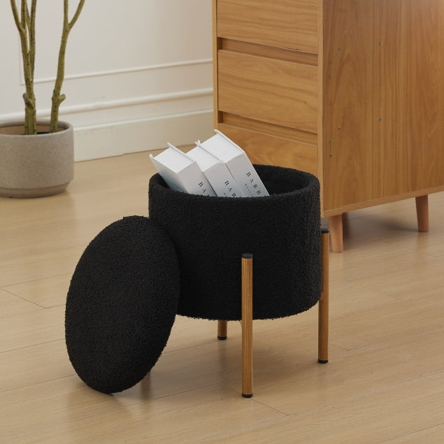 Modern Round Storage Ottoman, Ottoman Foot Stools With Metal Base, Ottoman Footstool with Removable Lid Storage Ottoman for Living Room, Bedroom, Makeup Room (Black)
