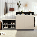 U_Style Livingroom Cabinet with Shoe Bench, 2 Doors and 3-Tier Adjustable Shelves, Entryway Bench with 4 Open Shoe Racks and Removeble Cushion, Storage Console Table with Wavy Slatted Door and Hooks