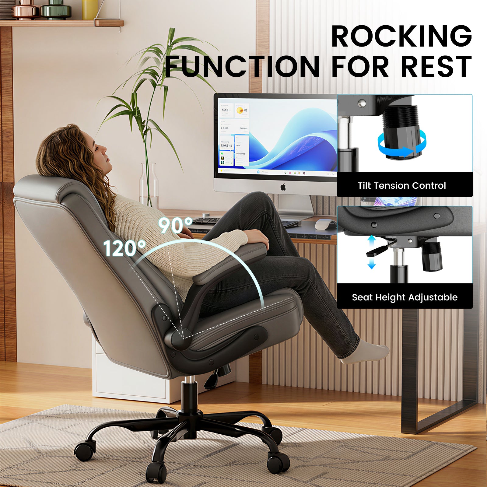 Cloudrest Pro Rocking Leather Office Chair with Back Support and Adjustable Armrests, for Short People Use CH228