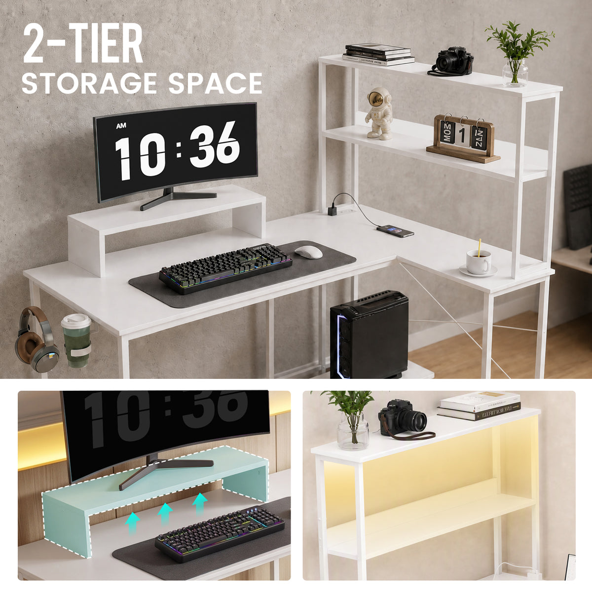 COMHOMA 53" Reversible L-Shaped Gaming Desk with LED Lights, Power Outlets Computer Desk with Hooks and Cup Holder, DL009