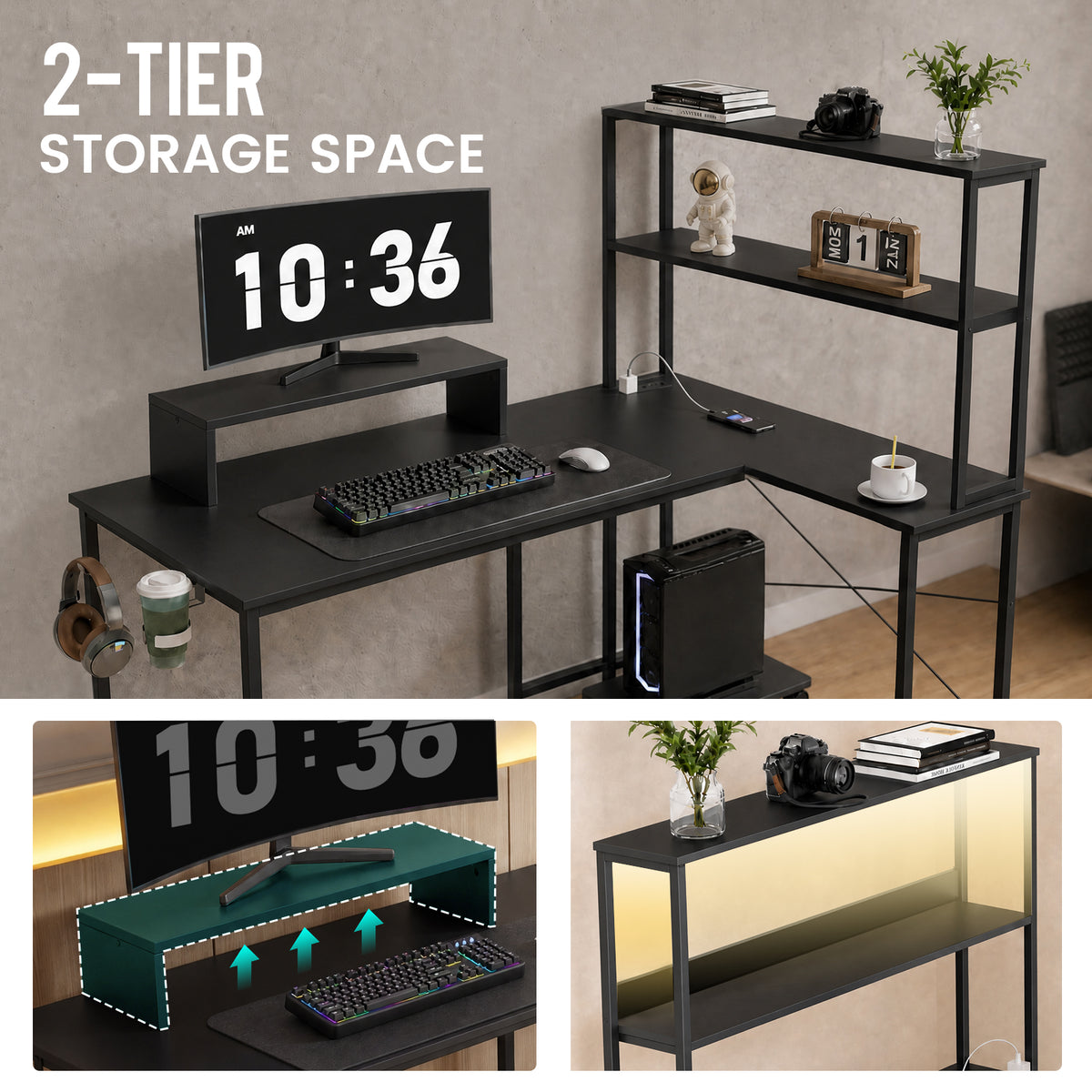 COMHOMA 53" Reversible L-Shaped Gaming Desk with LED Lights, Power Outlets Computer Desk with Hooks and Cup Holder, DL009