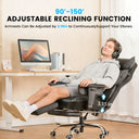 Person using a reclining office chair with adjustable armrests in a home office setting.