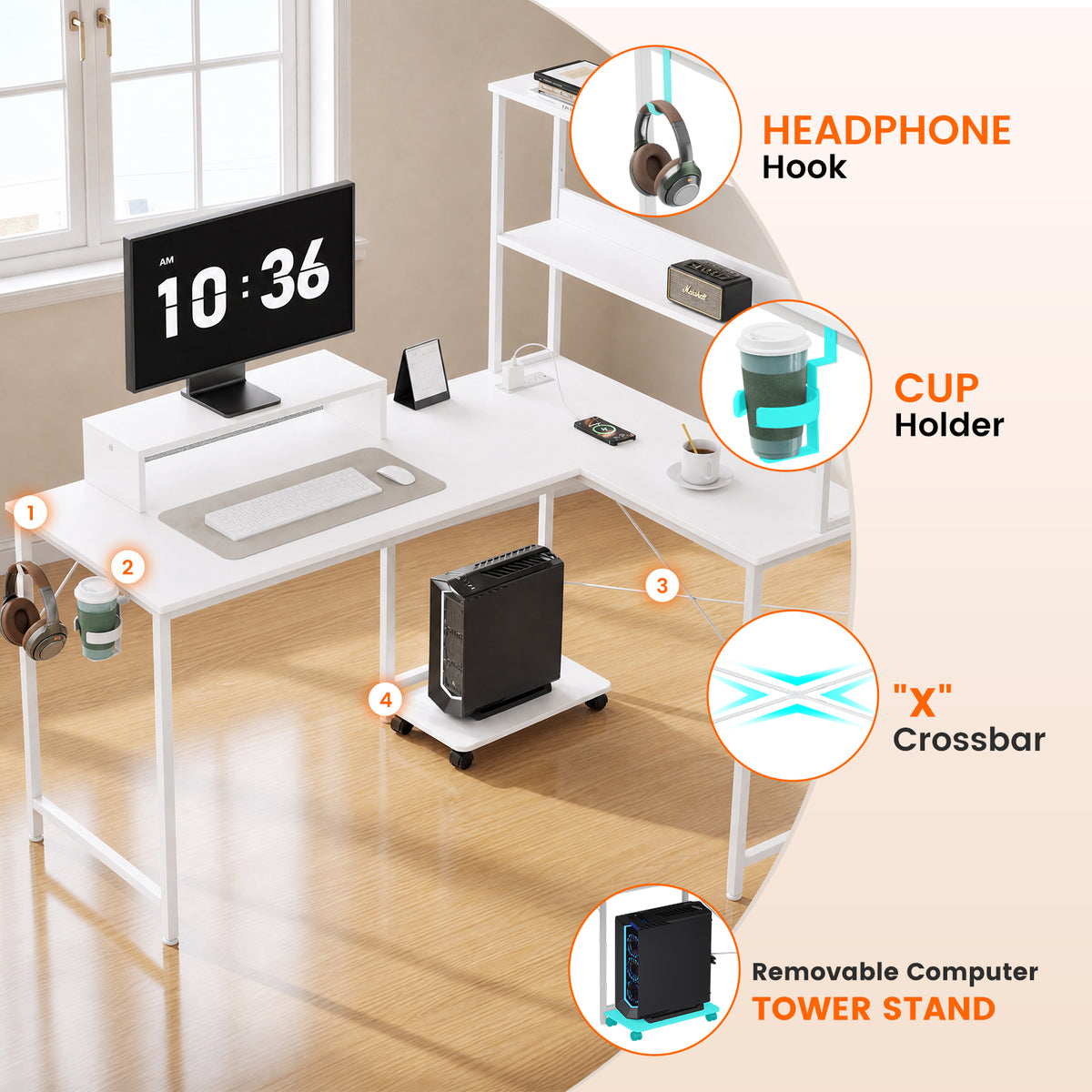 COMHOMA 53" Reversible L-Shaped Gaming Desk with LED Lights, Power Outlets Computer Desk with Hooks and Cup Holder, DL009