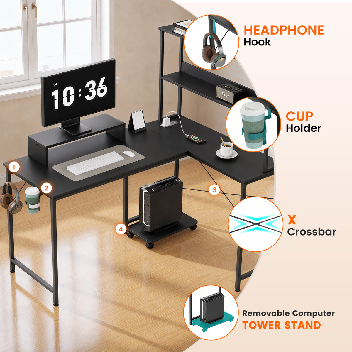 COMHOMA 53" Reversible L-Shaped Gaming Desk with LED Lights, Power Outlets Computer Desk with Hooks and Cup Holder, DL009
