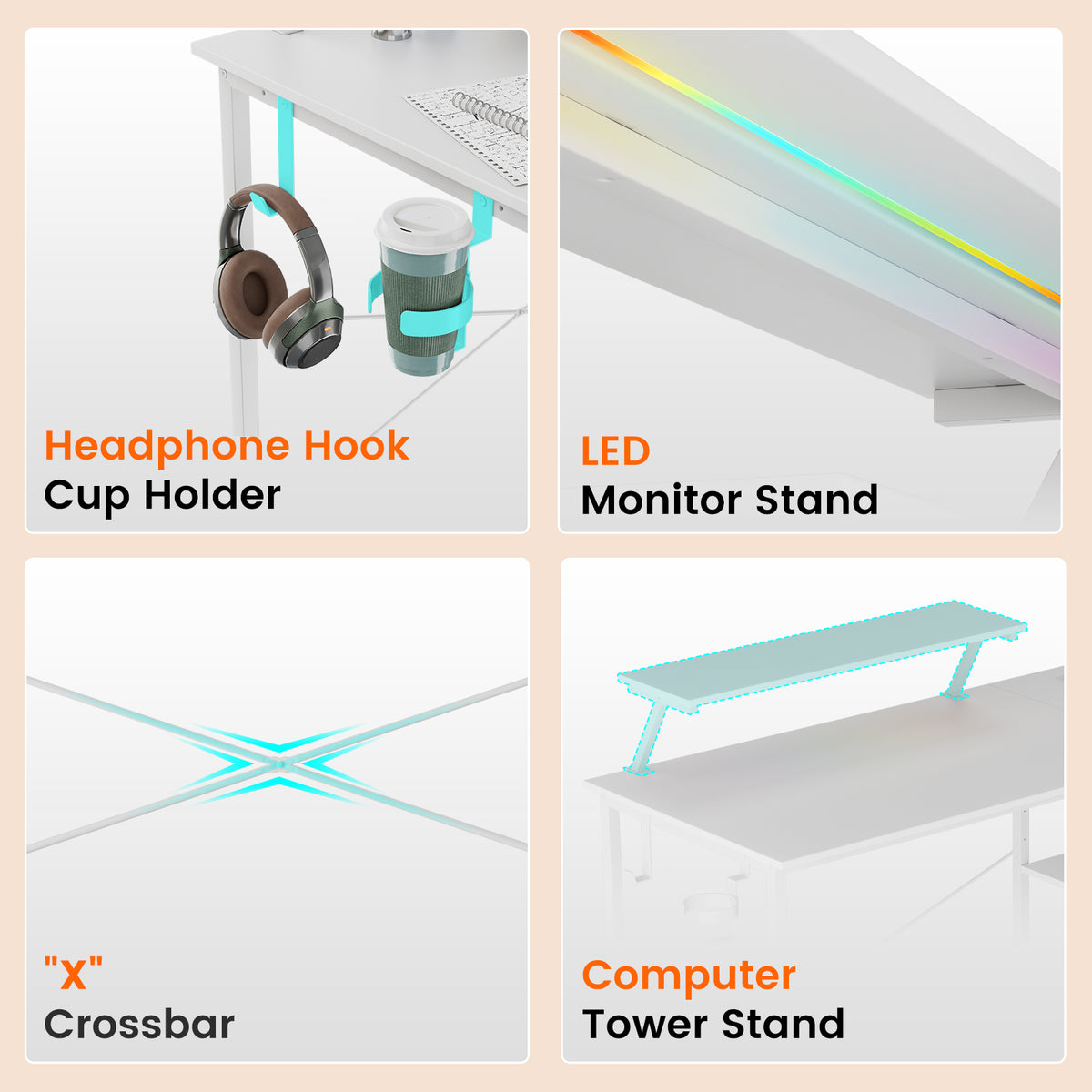 COMHOMA® Reversible Office Gaming Desk with RGB LED Lighting, Hooks and Cup Holder DL007/DL008/DL009