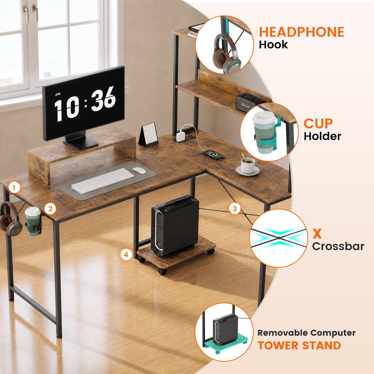 COMHOMA 53" Reversible L-Shaped Gaming Desk with LED Lights, Power Outlets Computer Desk with Hooks and Cup Holder, DL009