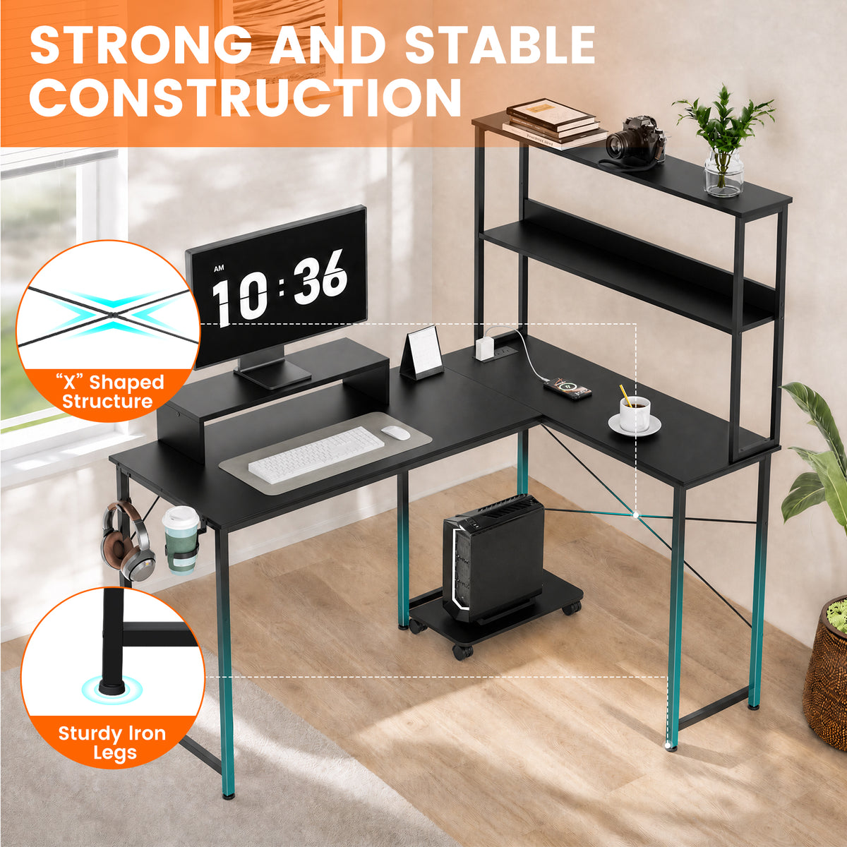 COMHOMA 53" Reversible L-Shaped Gaming Desk with LED Lights, Power Outlets Computer Desk with Hooks and Cup Holder, DL009